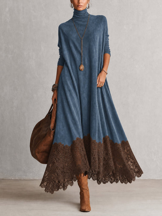 Odette | Suede-Effect Maxi Dress with Lace Hem