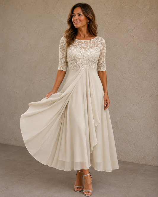 Abella Lace and Chiffon Dress - White