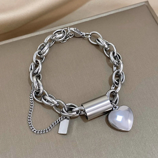 Chunky Heart Charm Bracelet - White Gold