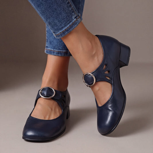 Nancy Retro Round-Buckle Mary Janes - Navy