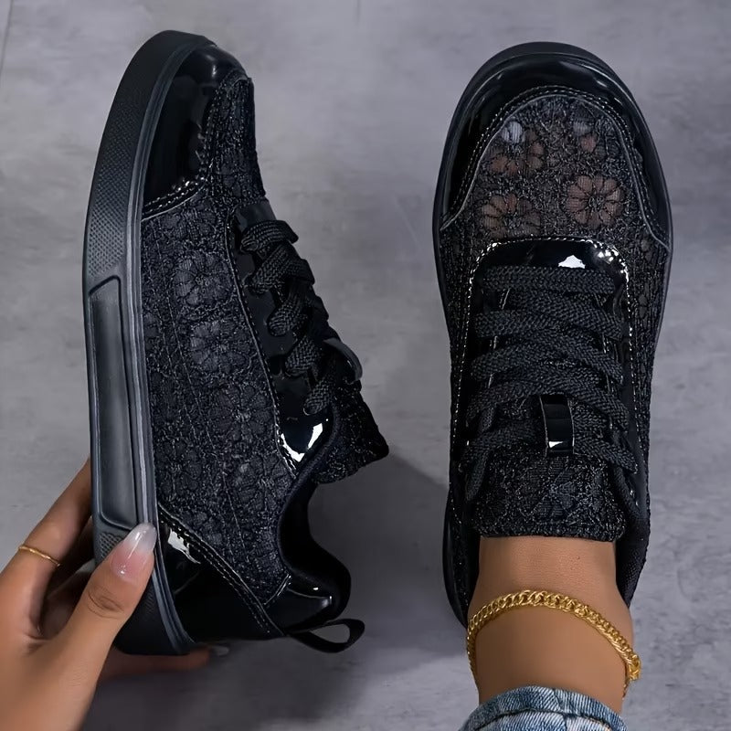 Lily Floral Lace Sneakers - Black
