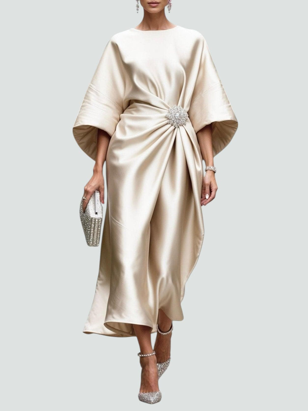 Clementine Draped Satin Evening Dress - Beige