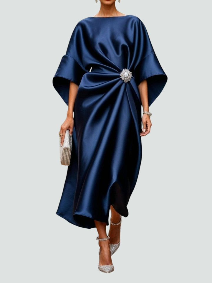 Clementine Draped Satin Evening Dress - Navy