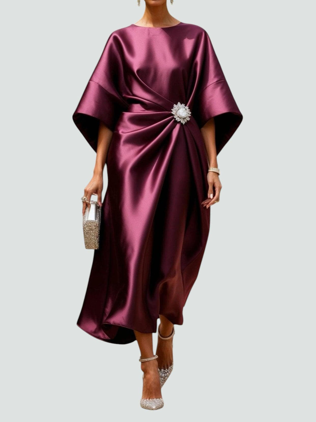 Clementine Draped Satin Evening Dress - Red