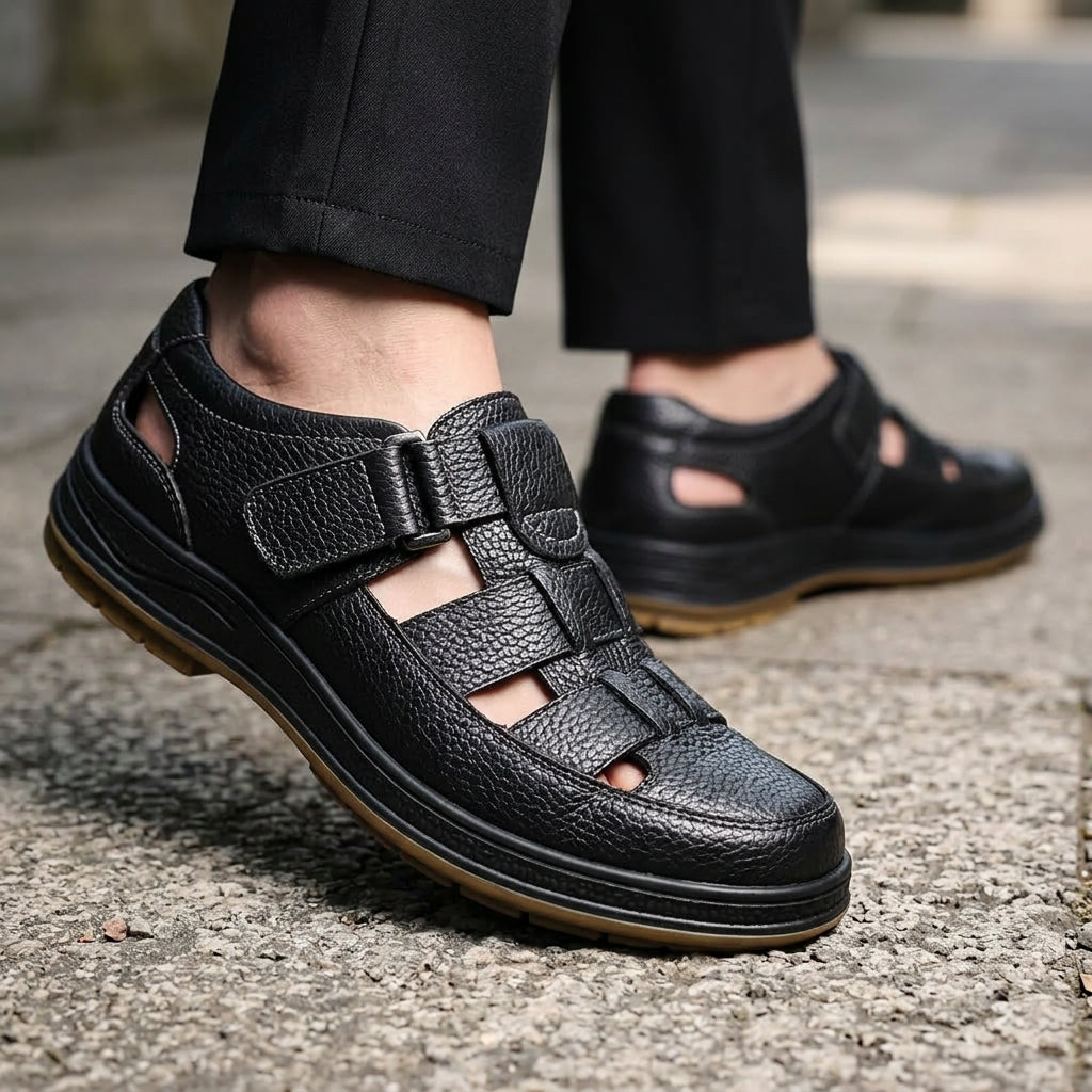 Duncan Closed-Toe Leather Sandals - Black