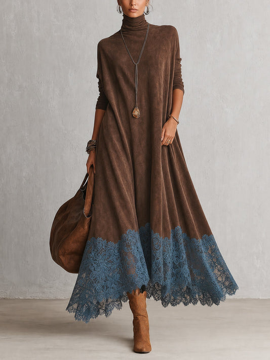 Odette | Suede-Effect Maxi Dress with Lace Hem