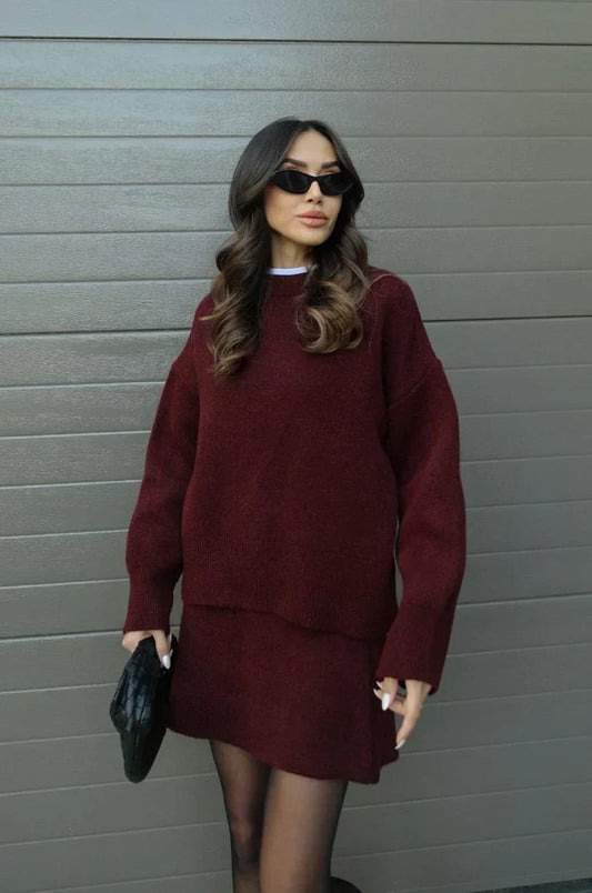 Helena Knitted Skirt Set - Burgundy
