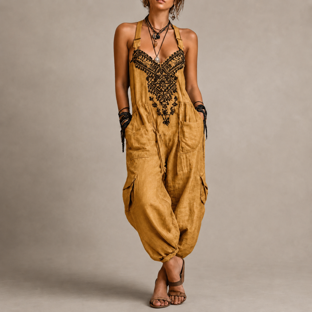 Astrid Embroidered Boho Jumpsuit - Yellow