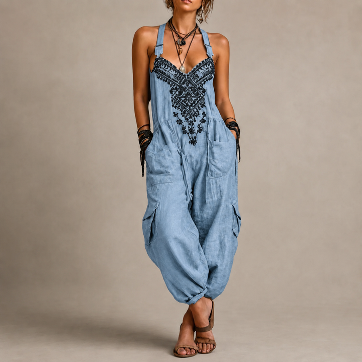 Astrid Embroidered Boho Jumpsuit - Blue