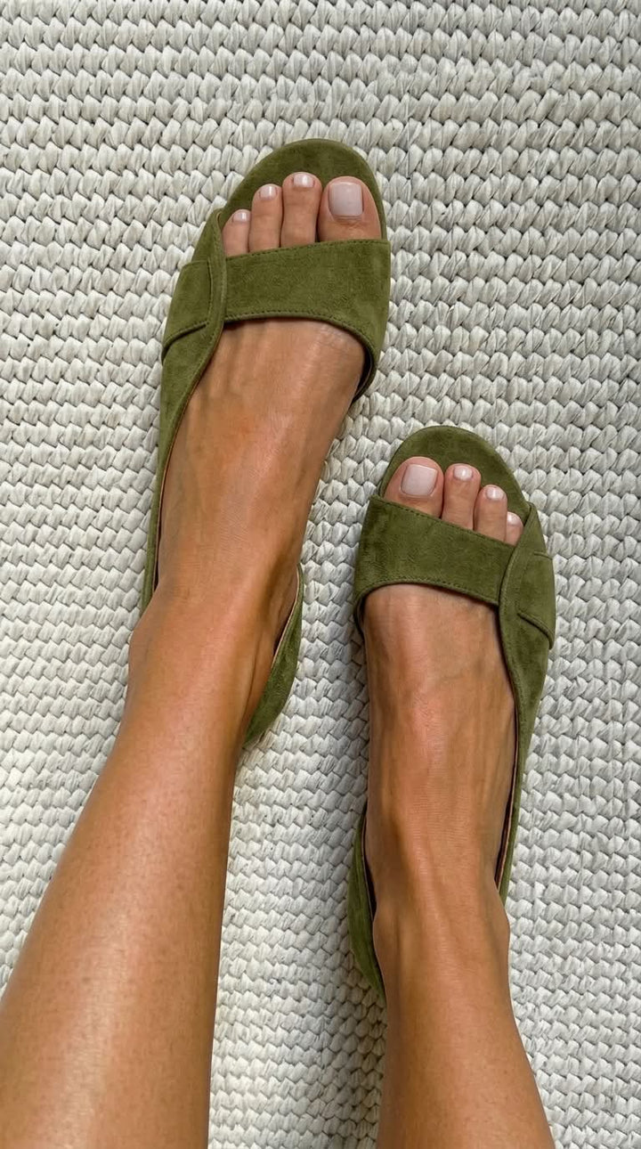 Ava Suede Low-Heel Open-Toe Slingback Sandals - Olive