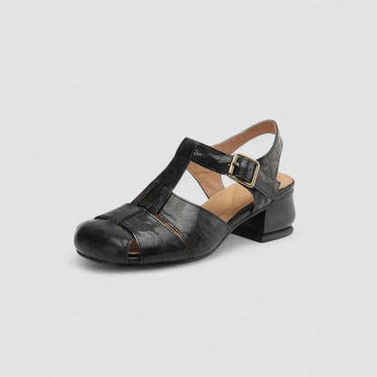 Penelope | Genuine Leather Perforated Heeled Mary Janes