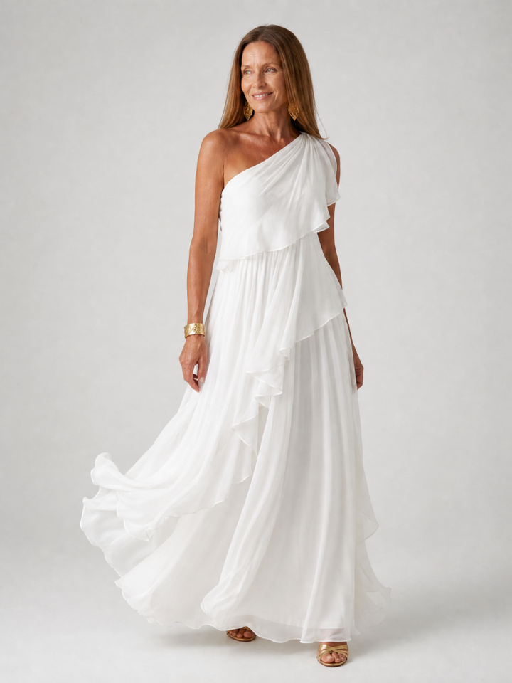 Florence One-Shoulder Ruffle Dress - White