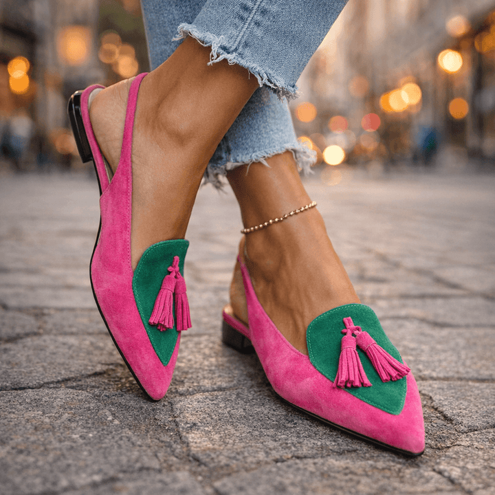 Eliza Tasseled Strappy Sandals - Pink and Green