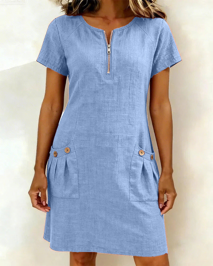 Leliana elegant cotton-linen dress in blue