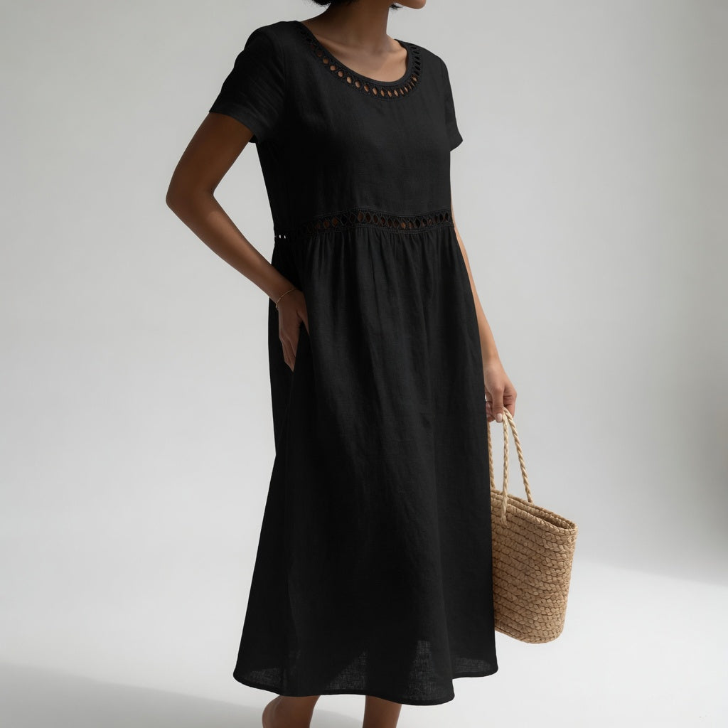 Livia Embroidered Linen Dress - Black