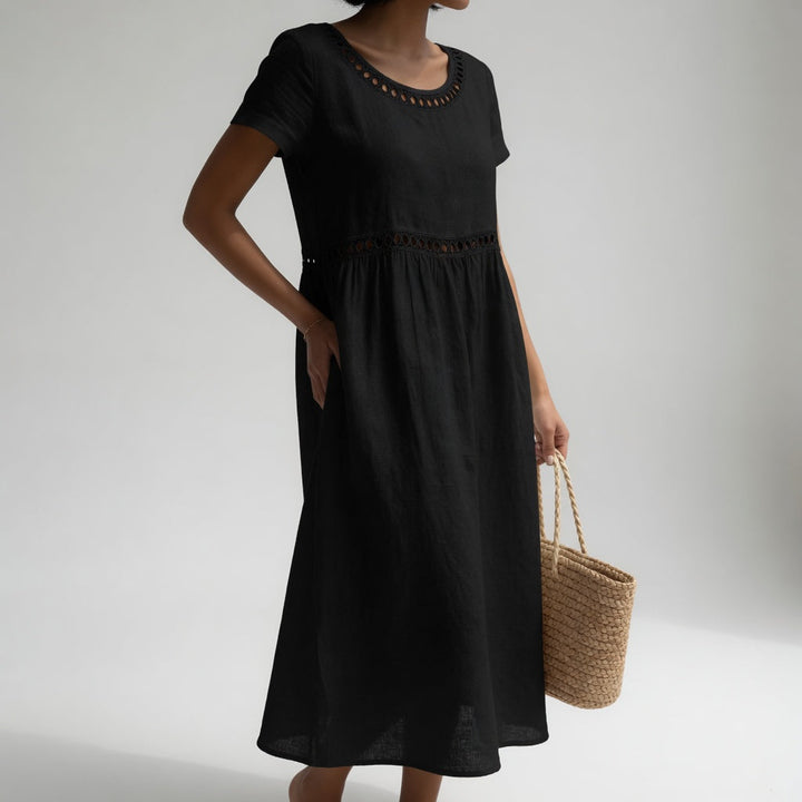 Livia Embroidered Linen Dress - Black