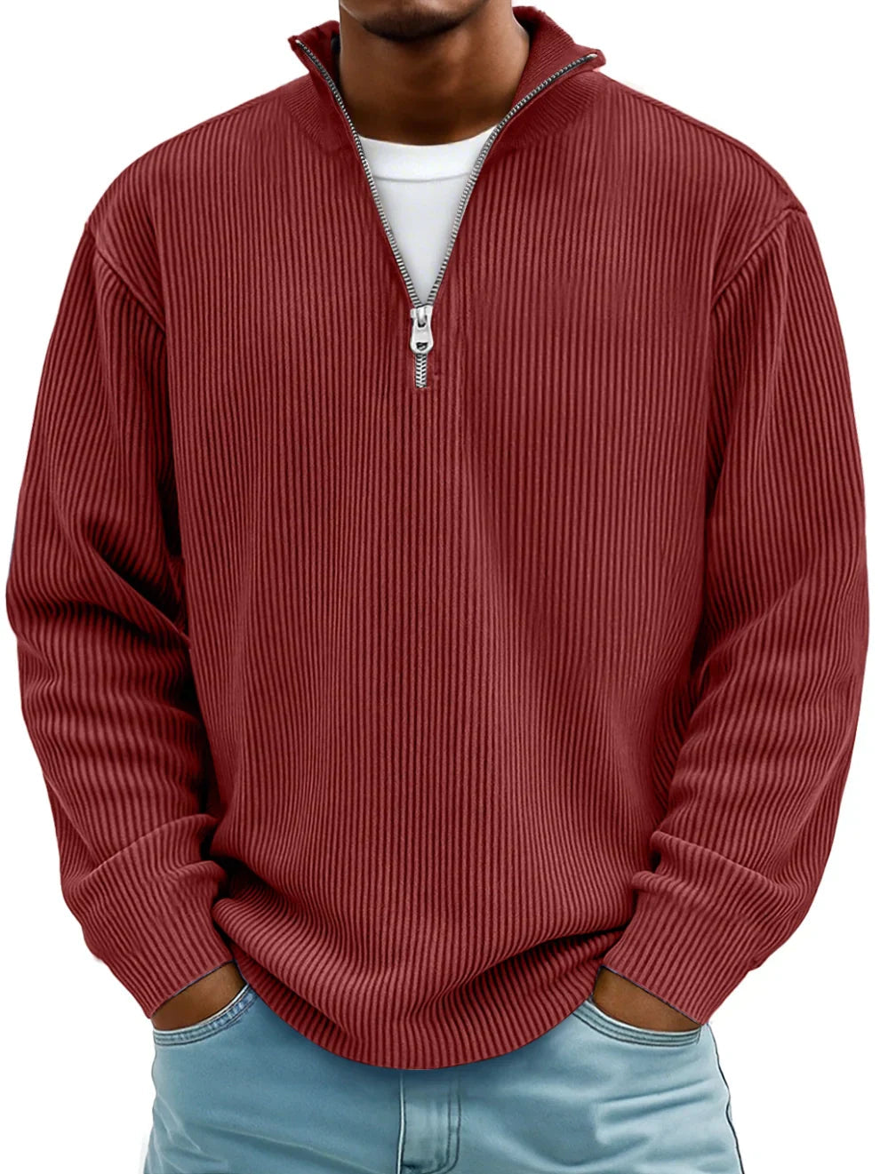 Rupert Ribbed Zip-Neck Jumper - Brick Red