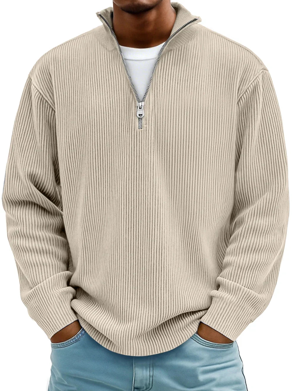 Rupert Ribbed Zip-Neck Jumper - Beige
