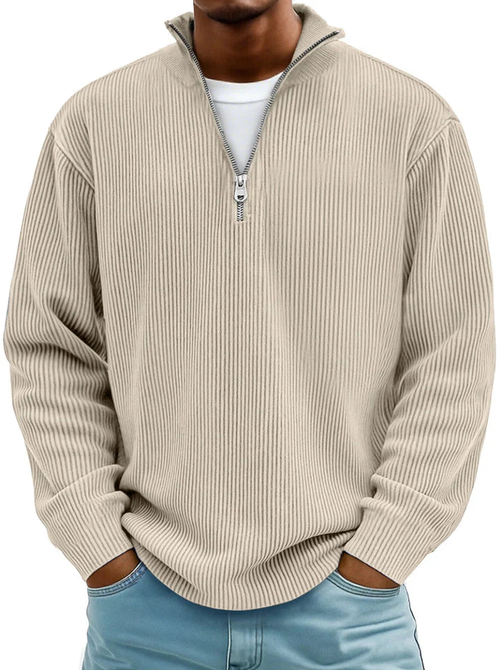 Rupert Ribbed Zip-Neck Jumper - Beige