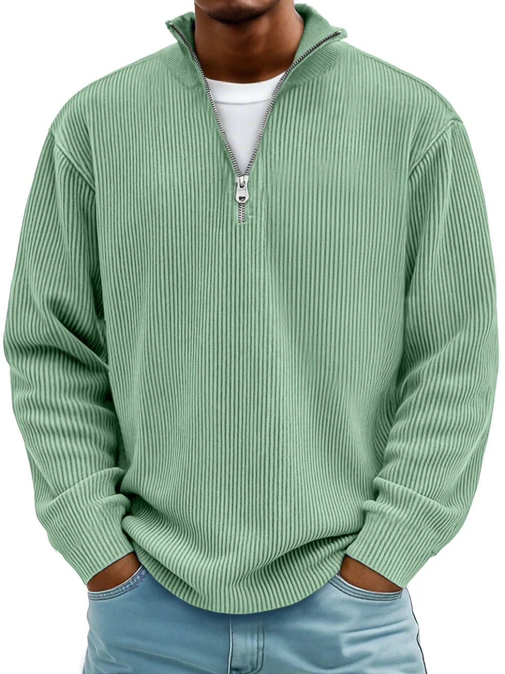 Rupert Ribbed Zip-Neck Jumper - Sage Green