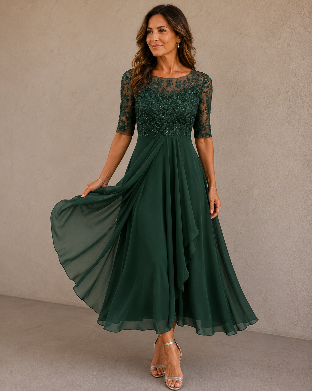 Abella Lace and Chiffon Dress - Green