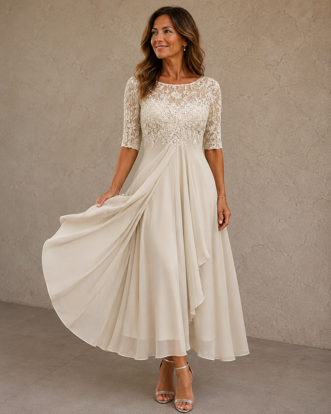 Abella Lace and Chiffon Dress - White