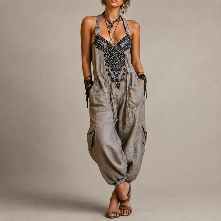 Astrid Embroidered Boho Jumpsuit - Grey