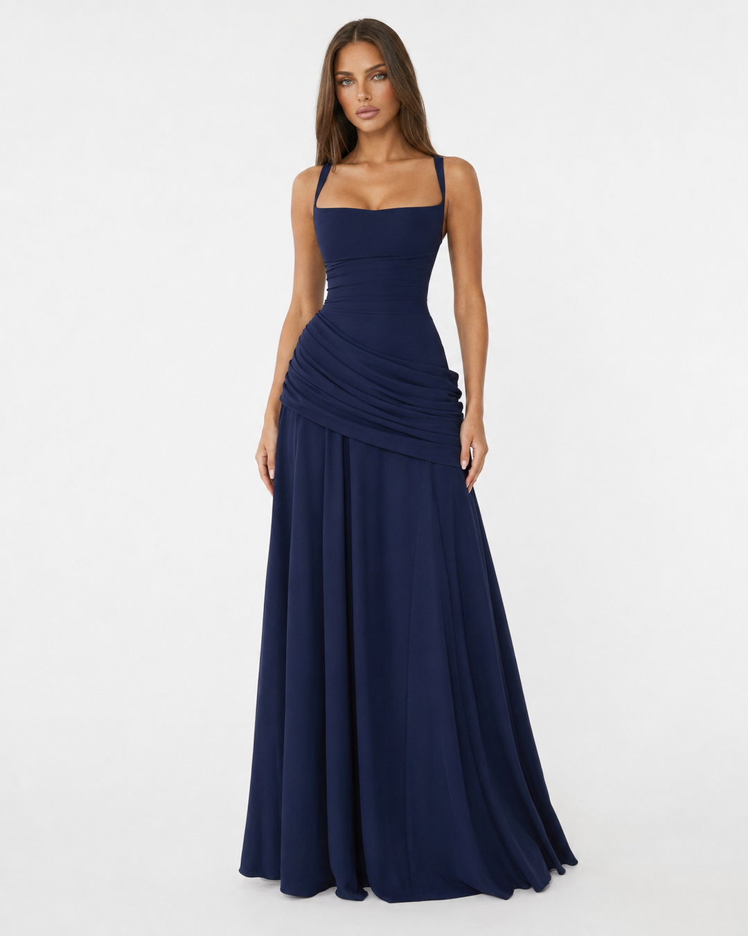 Enie Draped Square-Neck Maxi Dress - Navy Blue