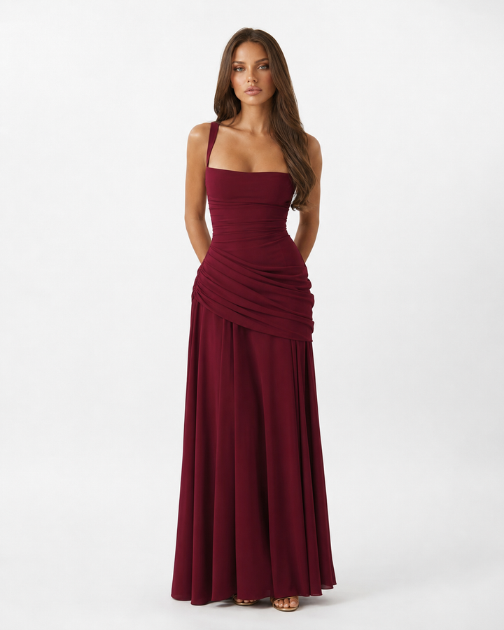 Enie Draped Square-Neck Maxi Dress - Burgundy