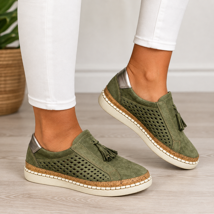 Pauline Perforated Suede Loafers - Green