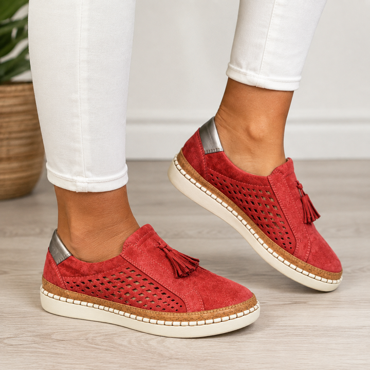 Pauline Perforated Suede Loafers - Red