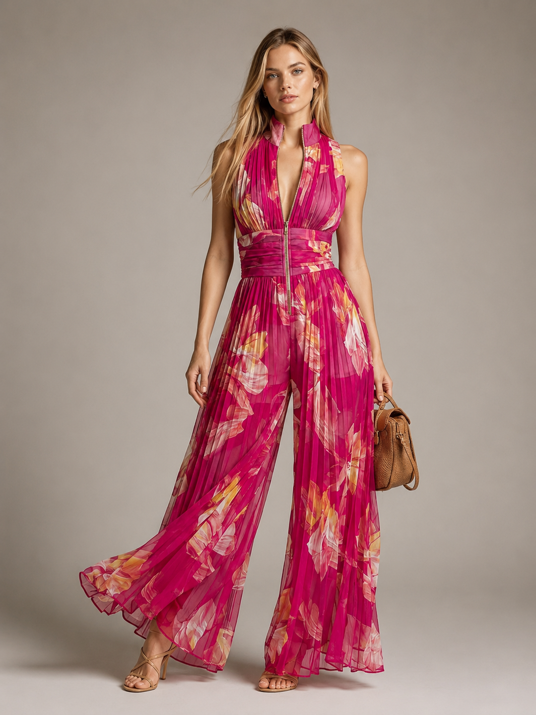 Leila Fuchsia Floral Pleated Chiffon Jumpsuit