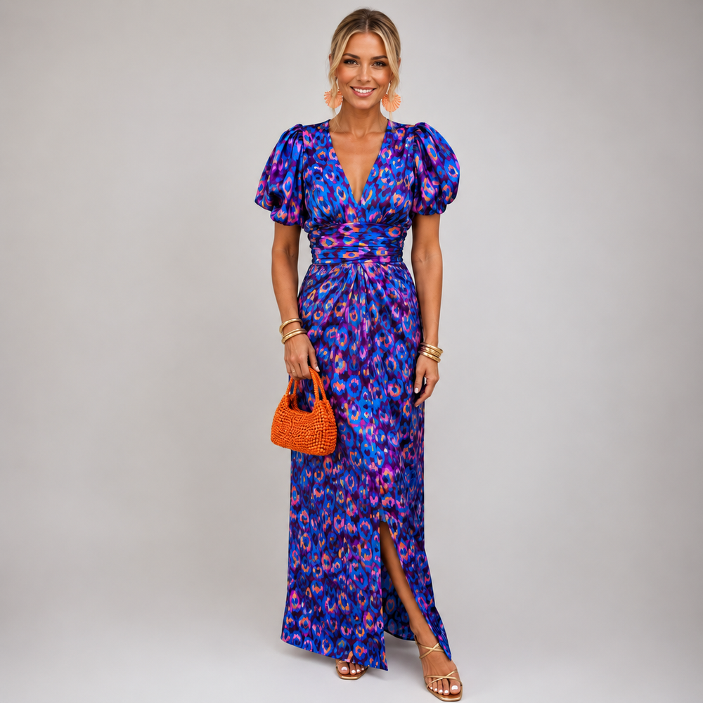 Beatrice Pleated Sleeve Dress - Blue/Pink