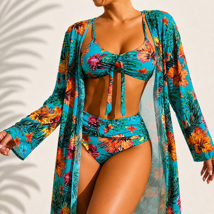 Marie Tropical Print 3-Piece Bikini Set - Blue