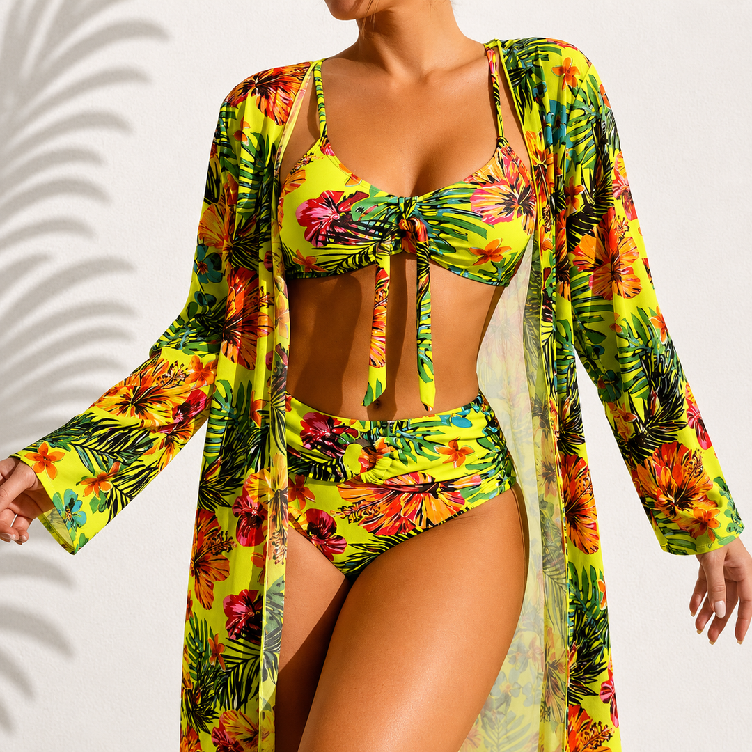 Marie Tropical Print 3-Piece Bikini Set - Yellow
