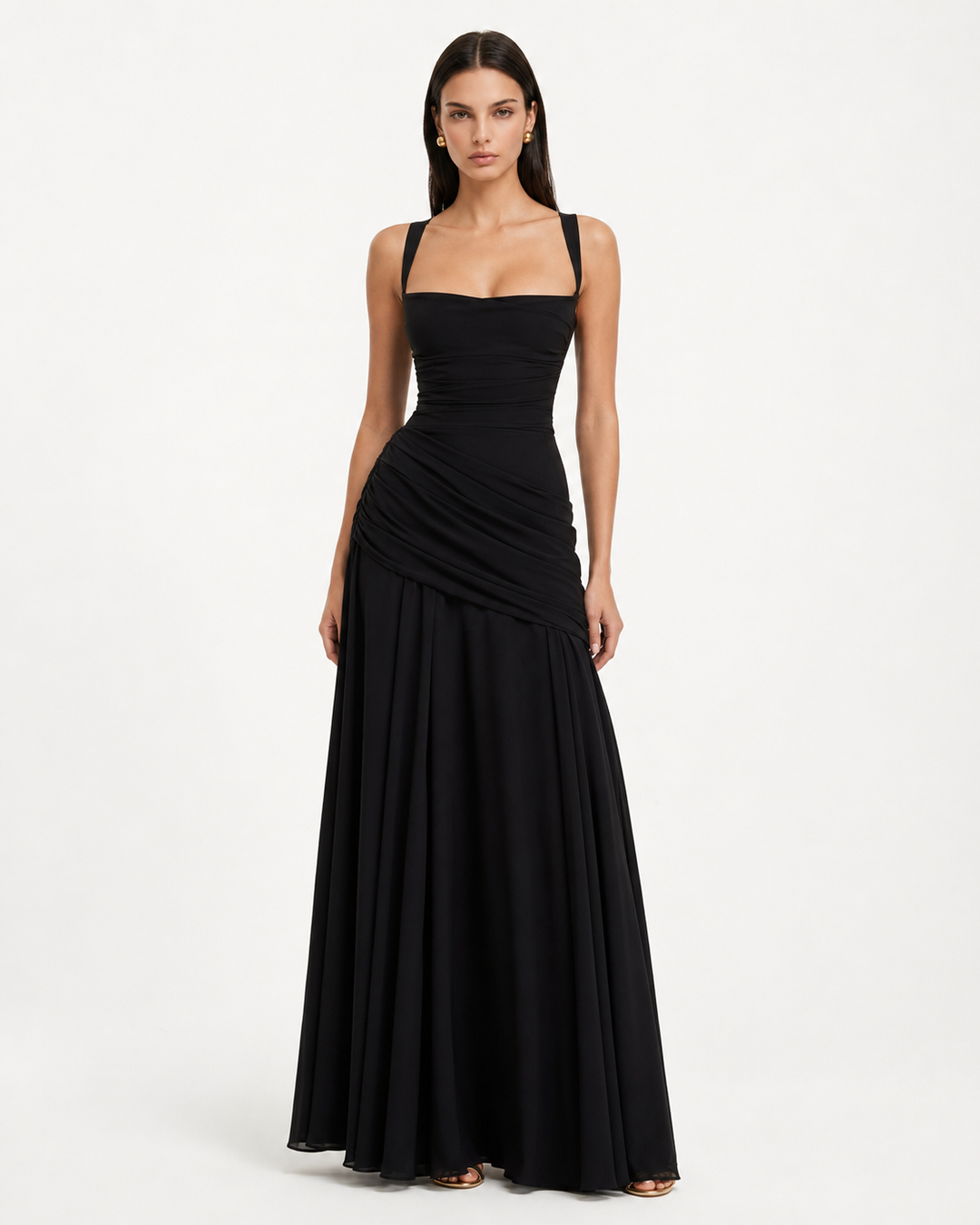 Enie Draped Square-Neck Maxi Dress - Black