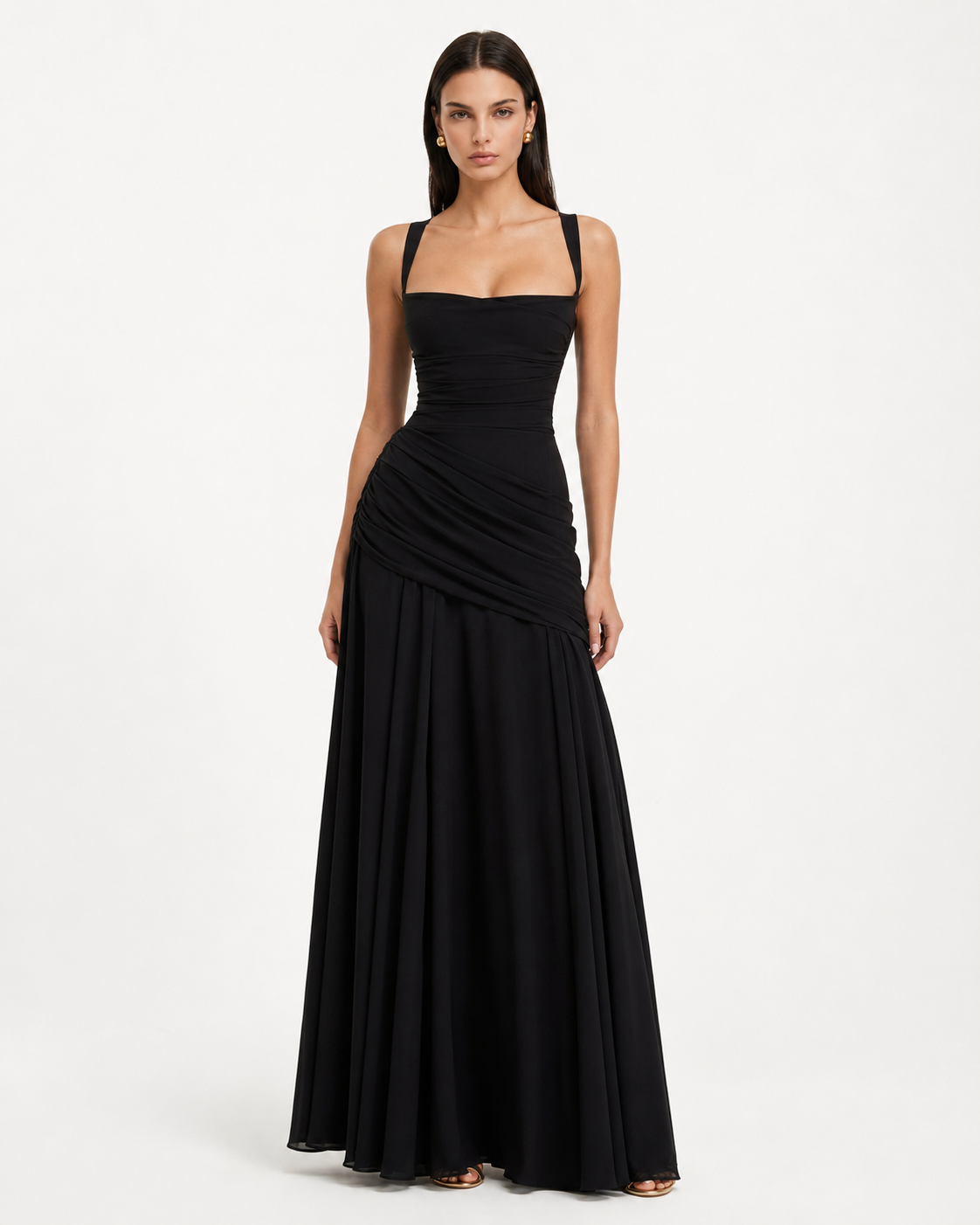 Enie Draped Square-Neck Maxi Dress - Black