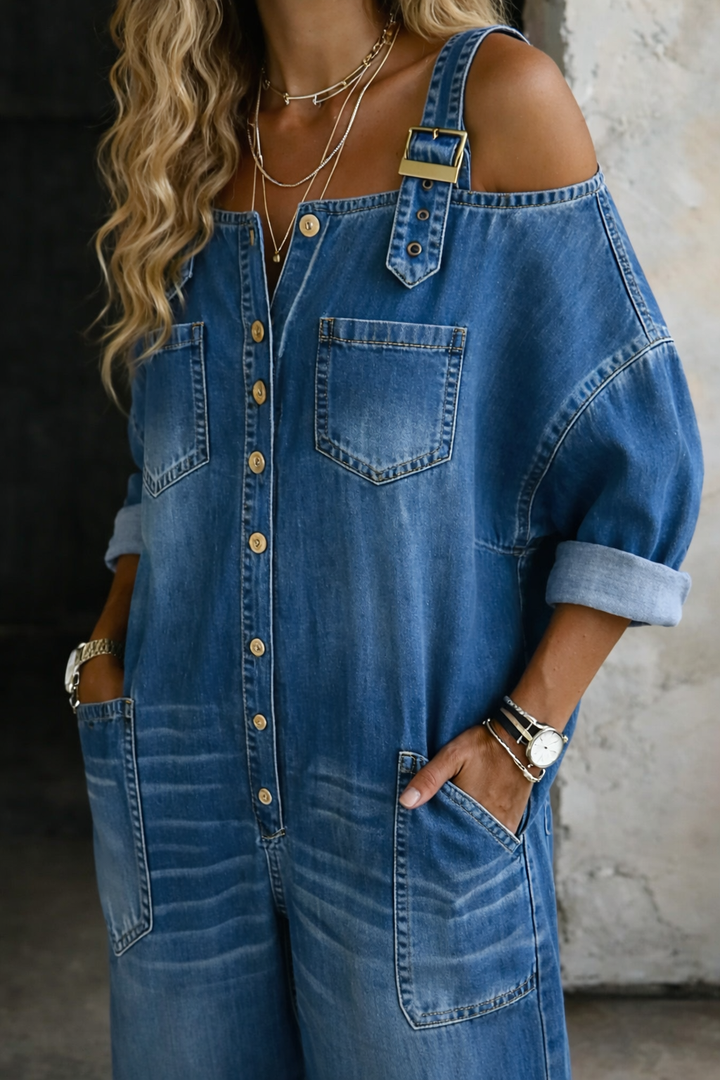 Chloe | Off-Shoulder Denim Jumpsuit