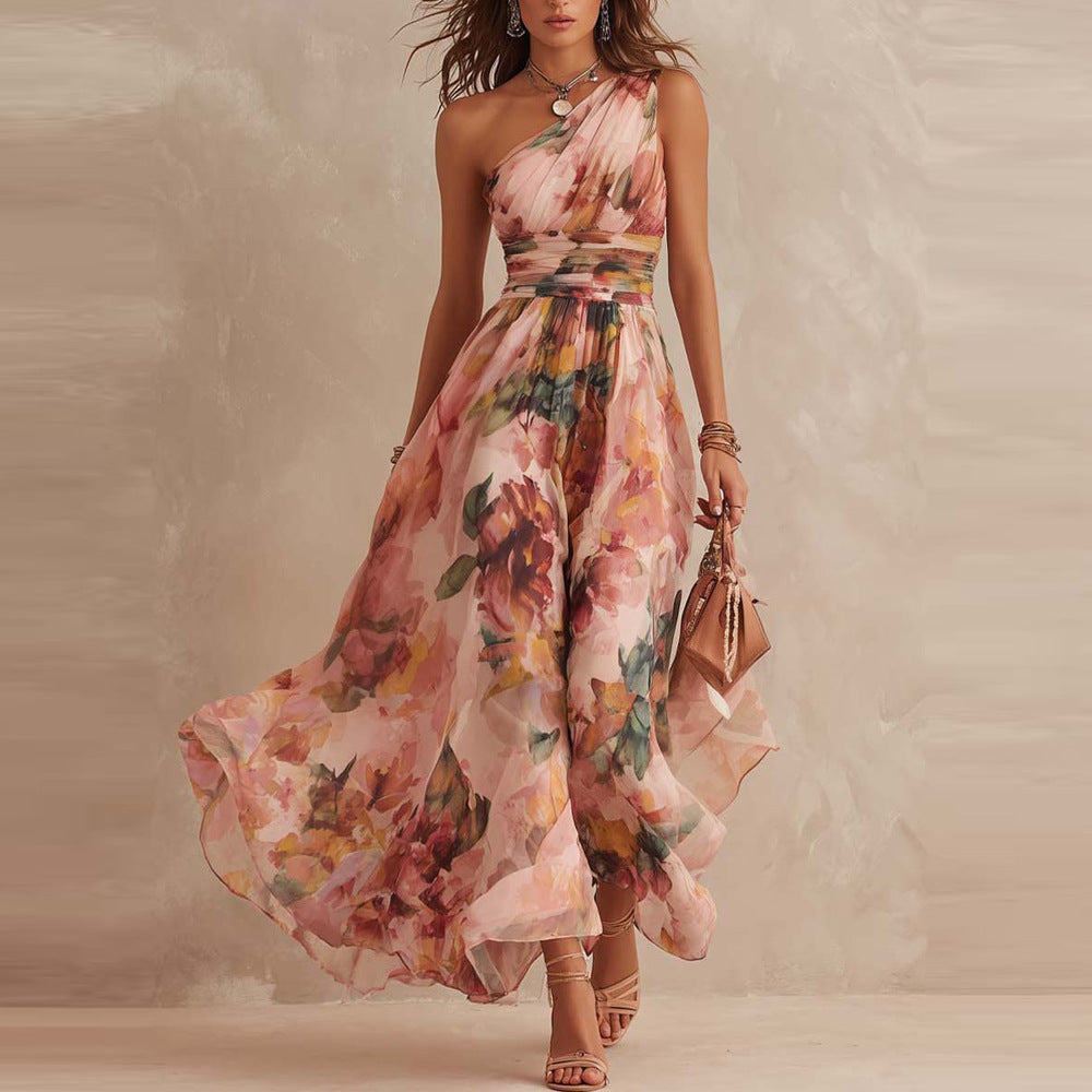 Vera One-Shoulder Chiffon Dress - Pink
