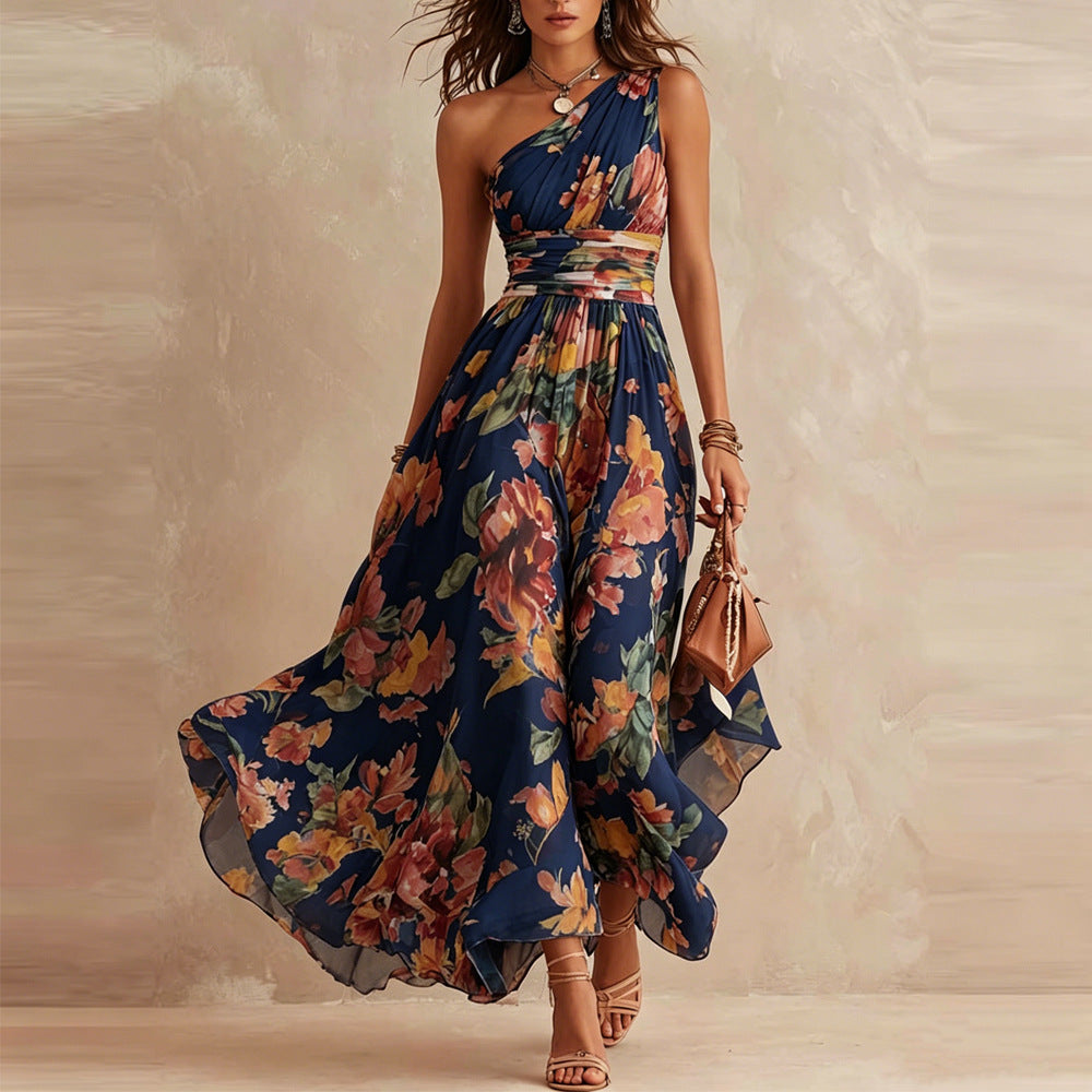 Vera One-Shoulder Chiffon Dress - Navy