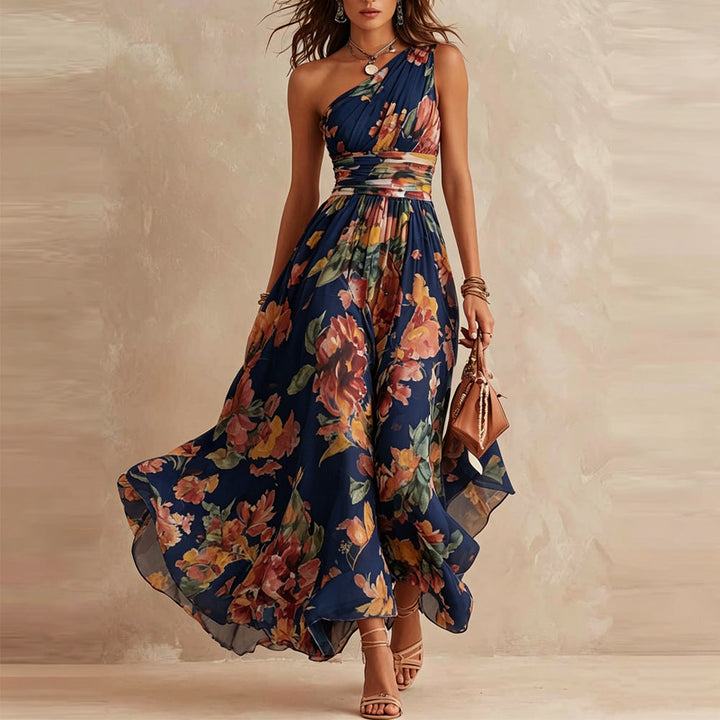 Vera One-Shoulder Chiffon Dress - Navy