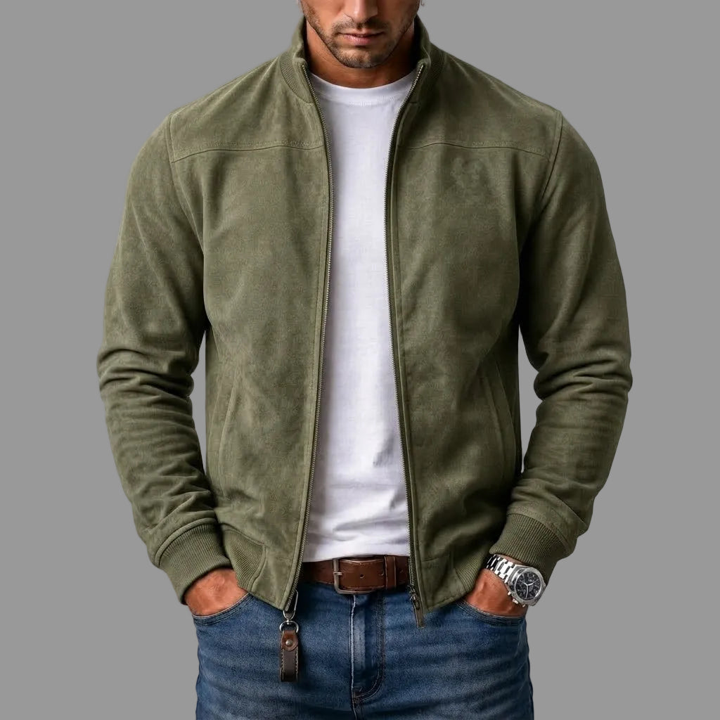 Frederick Suede Bomber Jacket - Olive Green