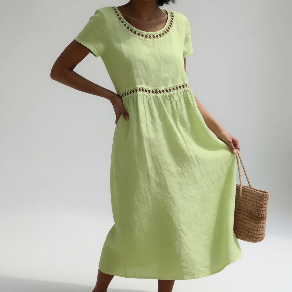 Livia Embroidered Linen Dress - Light Green