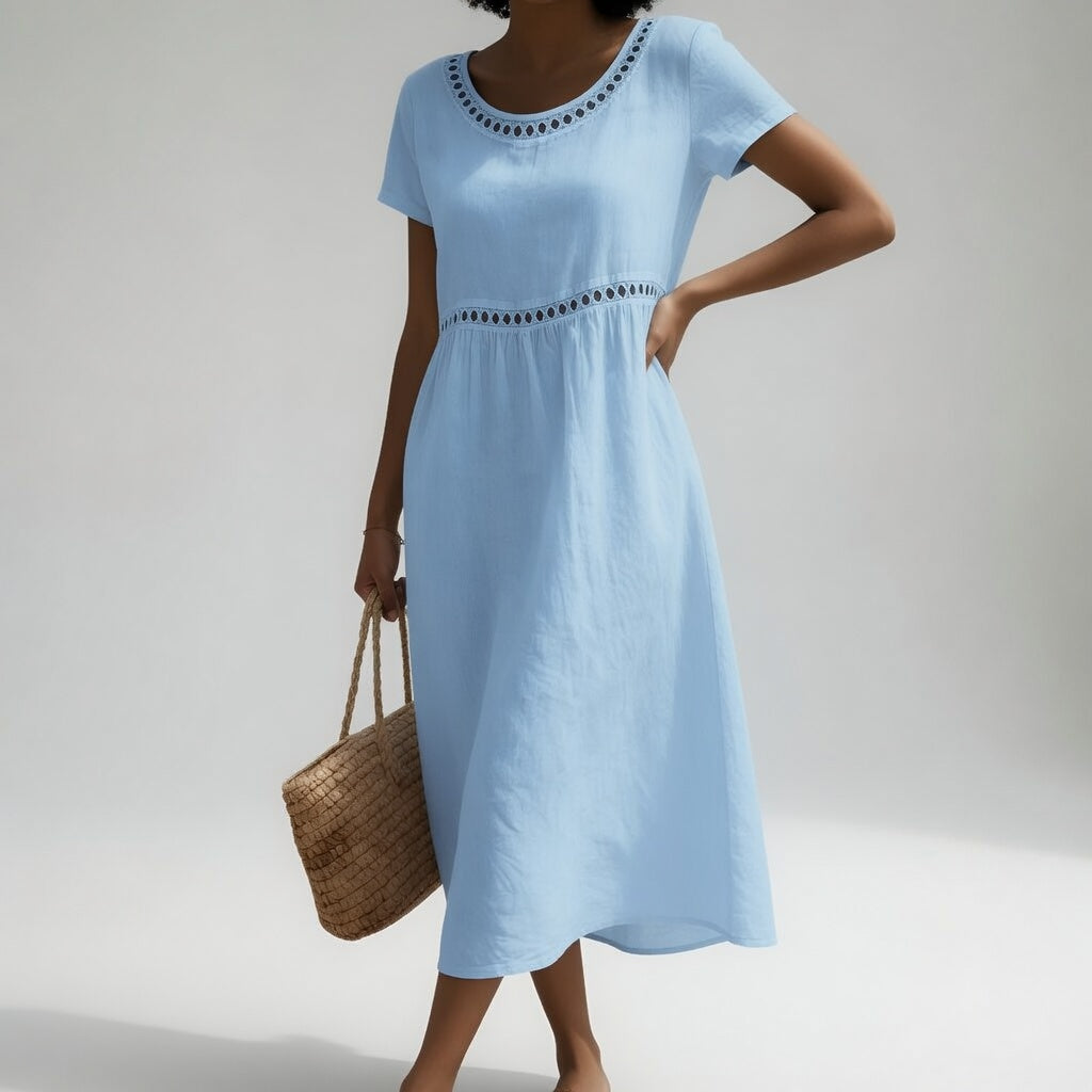 Livia Embroidered Linen Dress - Blue