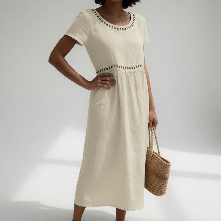 Livia Embroidered Linen Dress - Ivory