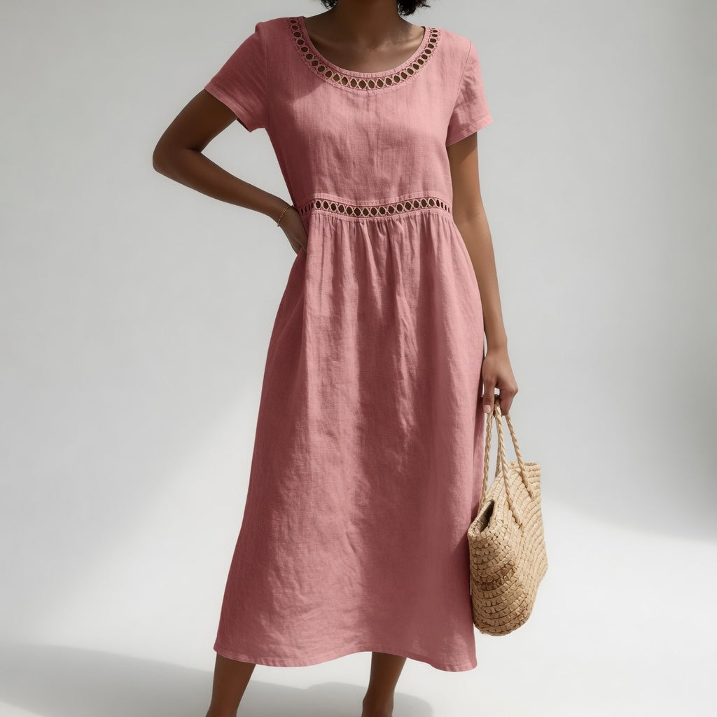 Livia Embroidered Linen Dress - Pink