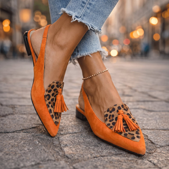 Eliza Tasseled Strappy Sandals - Orange and Leopard