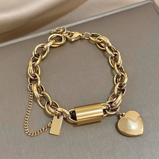 Chunky Heart Charm Bracelet - Gold