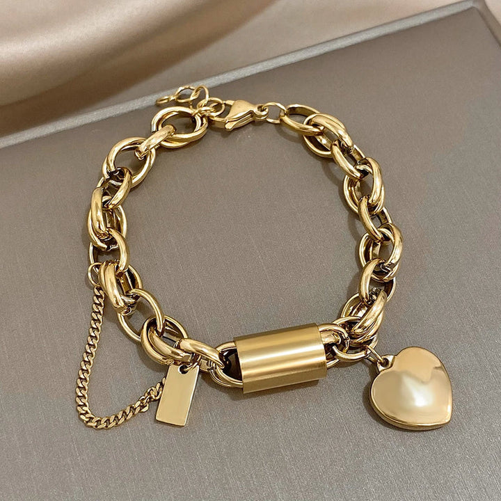 Chunky Heart Charm Bracelet - Gold