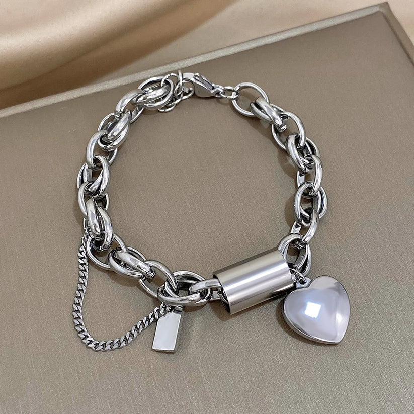 Chunky Heart Charm Bracelet - White Gold
